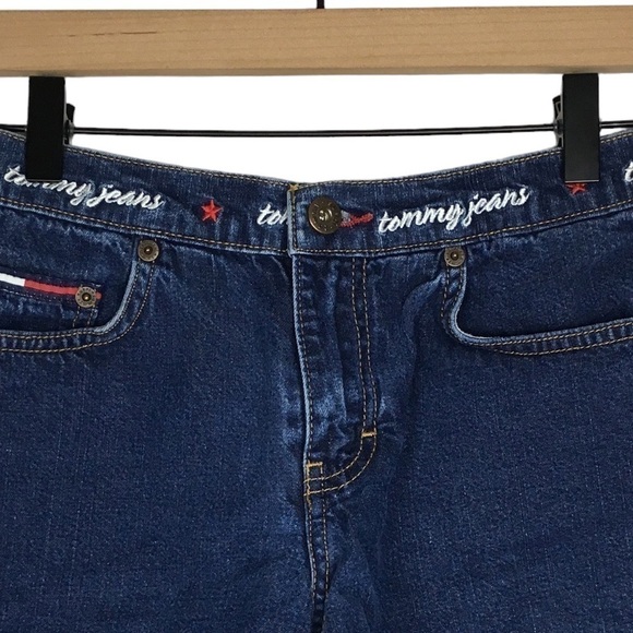 TOMMY JEANS Shorts Vintage Y2K 2002 Denim Spellout Waistband Embroidered Size 7 - Picture 2 of 10
